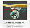 VENTURE V8 KOSTON 5.2 POLISHED skateboard truck customization diagram highlighting a polished hanger and the capability to adjust forward and backward positions for optimal pop and balance point, available in a set of two.