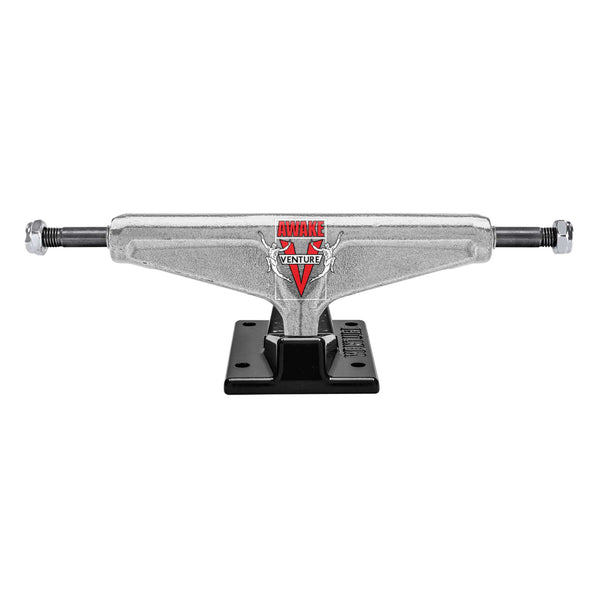 A silver skateboard truck with a black baseplate, red and black "Venture '87" logo at the center, and bolts at each end for attaching wheels. Perfect for those who want quality VENTURE '87 TEAM EDITION POLISHED / BLACK 5.6 HI (SET OF TWO) from VENTURE.