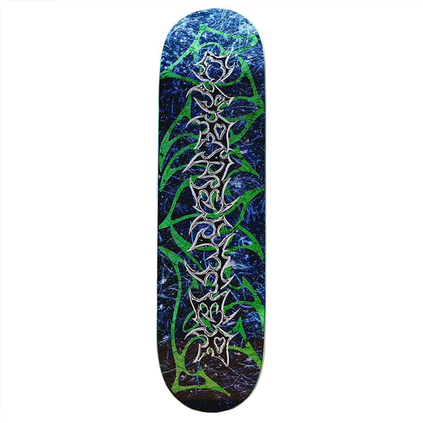The VINYL CARPENTER CHROME skateboard deck by VINYL features a chrome finish with a blue and green abstract pattern and silver outlined shapes running vertically down the center.