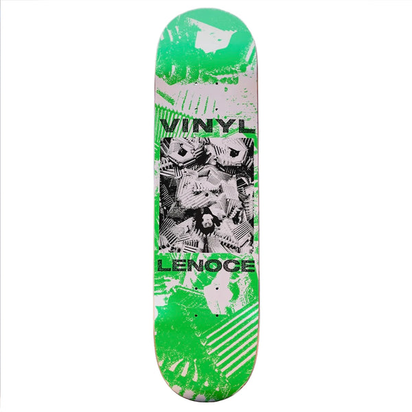 The VINYL LENOCE ADRIFT 8.25" deck by VINYL features green, black, and white abstract graphics with "VINYL LENOCE" printed on top, offering standout style and performance.