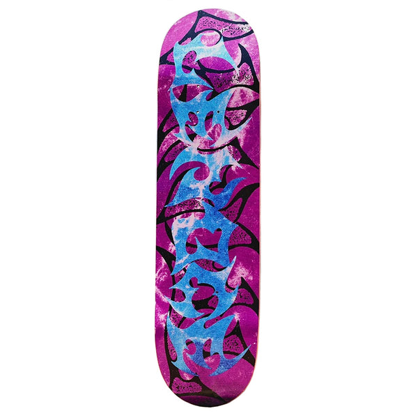 The VINYL LENOCE VICE skateboard deck by VINYL features a pink background with abstract black and blue graffiti-style designs.