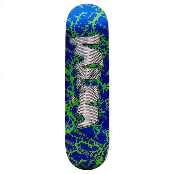 The VINYL VOLT SPIRAL 8.25" skateboard deck by VINYL features a blue-green abstract design with "yum" in silver lettering and a stable 14.25" wheelbase for smooth rides.
