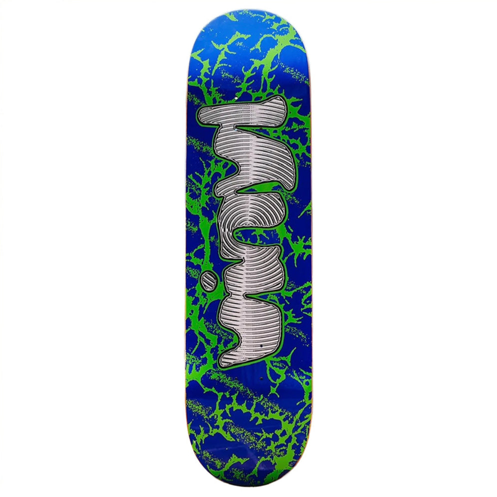 The VINYL VOLT SPIRAL 8.25" skateboard deck by VINYL features a blue-green abstract design with "yum" in silver lettering and a stable 14.25" wheelbase for smooth rides.