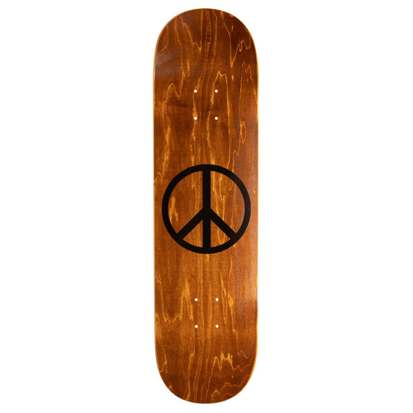 A VIOLET skateboard featuring a peace sign design.