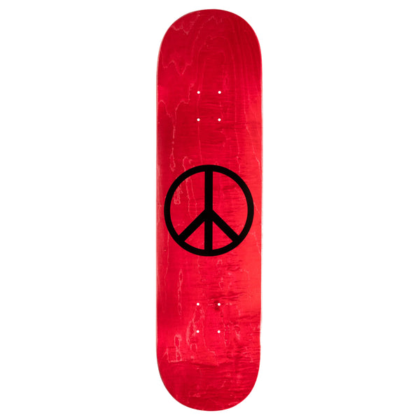A VIOLET PEACE PSALM 91 RED skateboard with a peace sign on it.