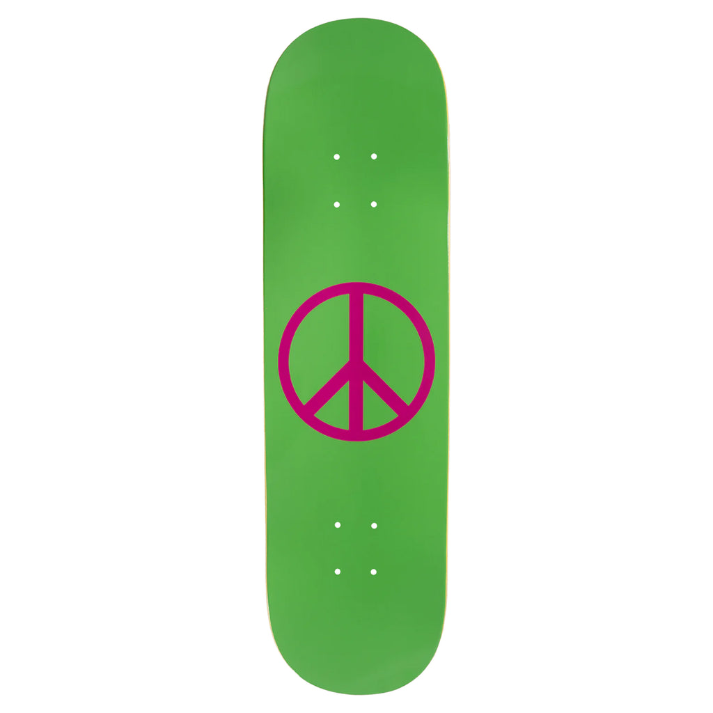 A green skateboard deck from Violet, named "VIOLET PEACE PSALM 91 GREEN," featuring a large violet peace symbol in the center.