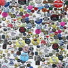 The violet VIOLET PINS TEE is made from 100% cotton and features a crisp white background covered with a vibrant array of vintage-inspired pins, buttons, slogans, logos, smiley faces, and pop culture motifs.