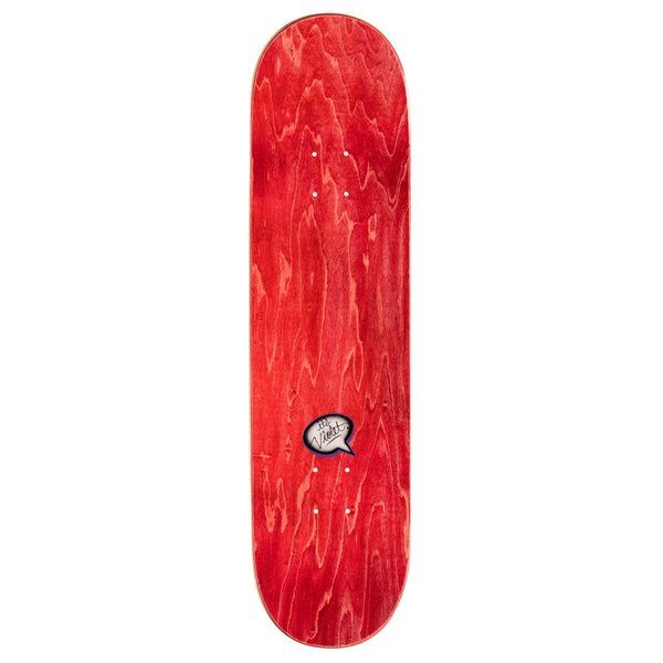 A violet skateboard with the brand name "VIOLET PEACE PSALM 91 BLACK" on it.