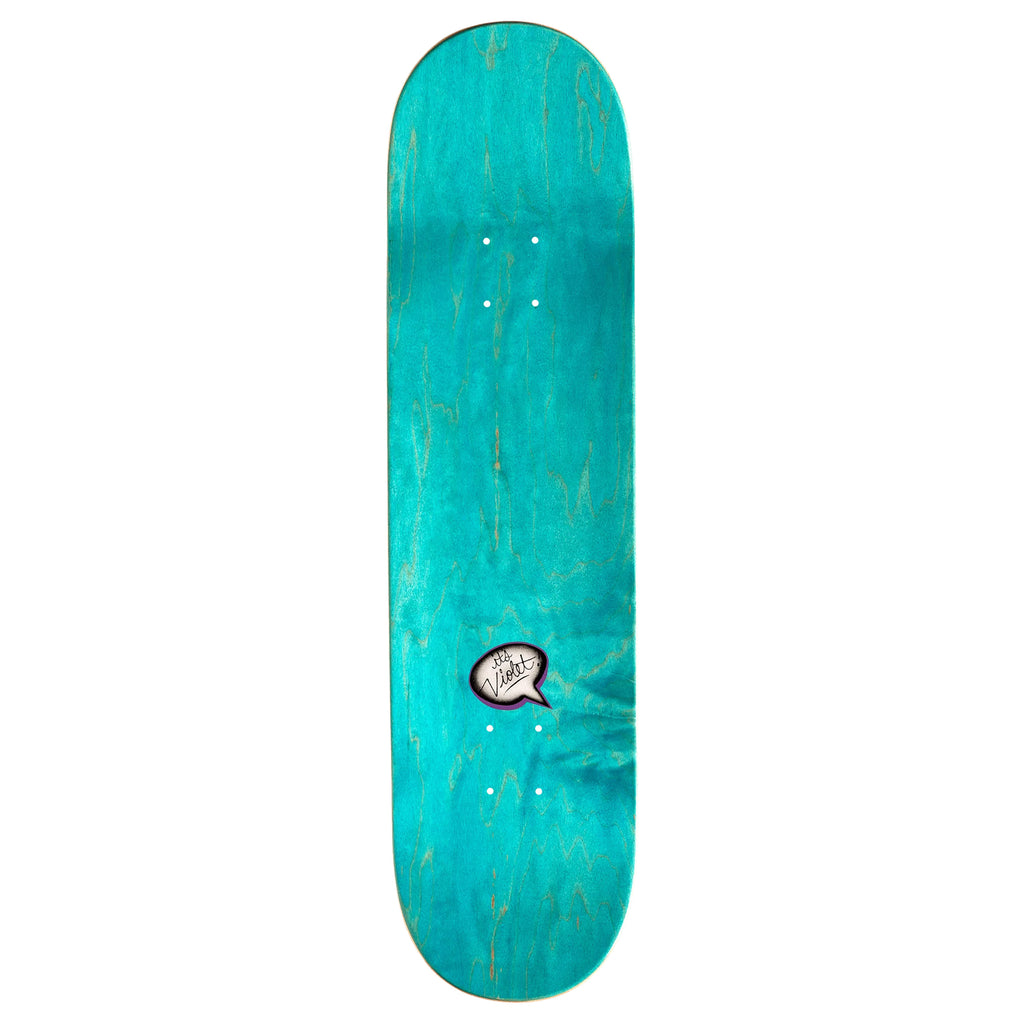 A Violet skateboard with a white logo on it.