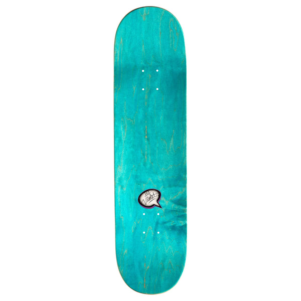 A Violet skateboard with a white logo on it.