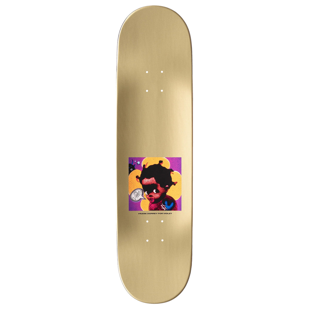 A VIOLET skateboard with a black man image and a Gloss gold dip.