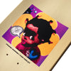A Violet skateboard with an image of a child with a speech bubble featuring Frank Dorrey and Blackmoonlilith.