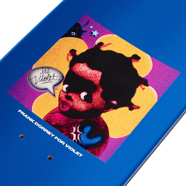 A violet skateboard with an image of a child and Violet sticker on it.