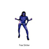A woman in a blue bodysuit is posing in front of a white background, wearing the VIOLET FRANK DORREY "NEVER" by DELUXE.