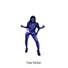 A woman in a blue bodysuit is posing in front of a white background with a violet "CLEMENTINE" dip by VIOLET FRANK DORREY.