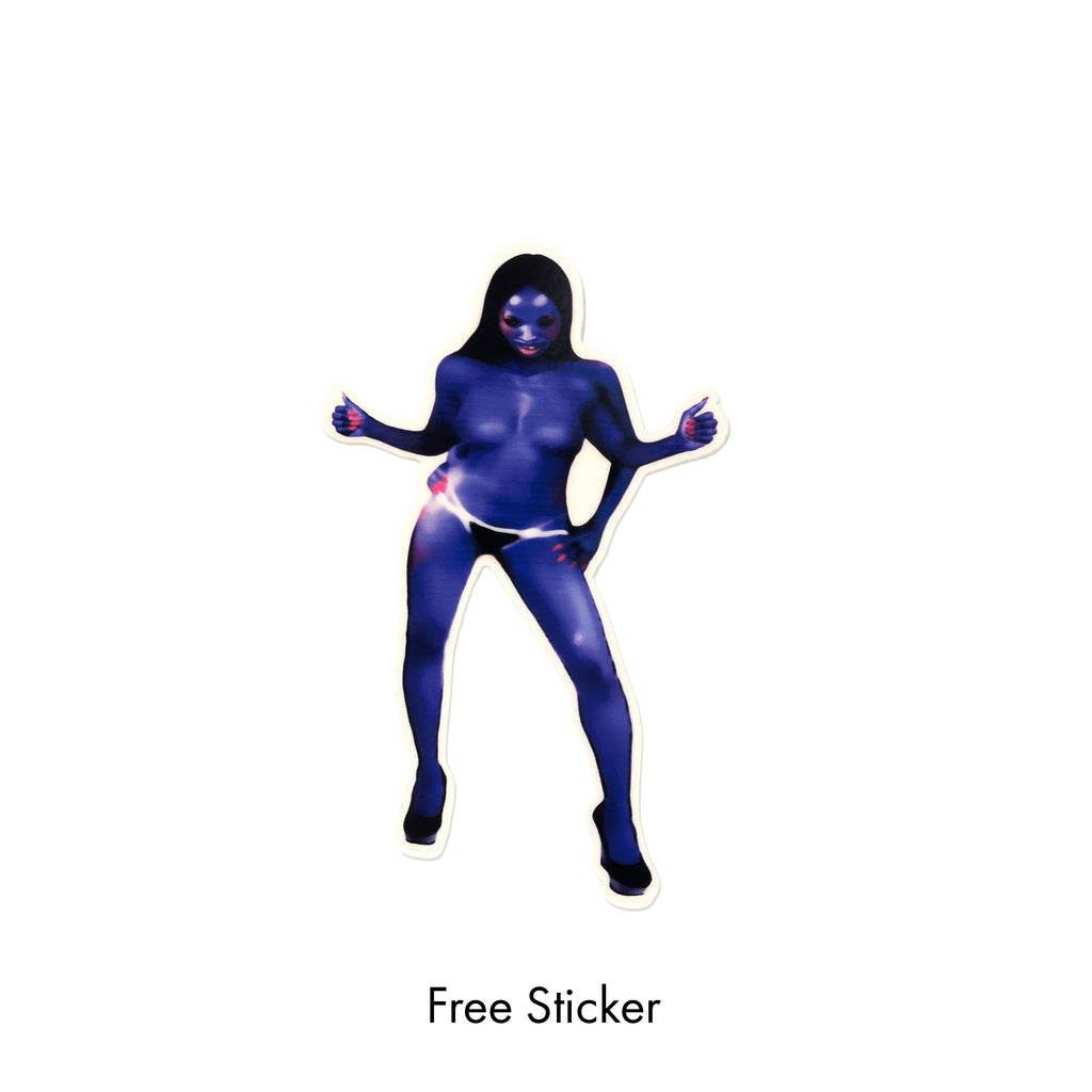 A woman in a blue bodysuit is posing in front of a white background with a violet "CLEMENTINE" dip by VIOLET FRANK DORREY.