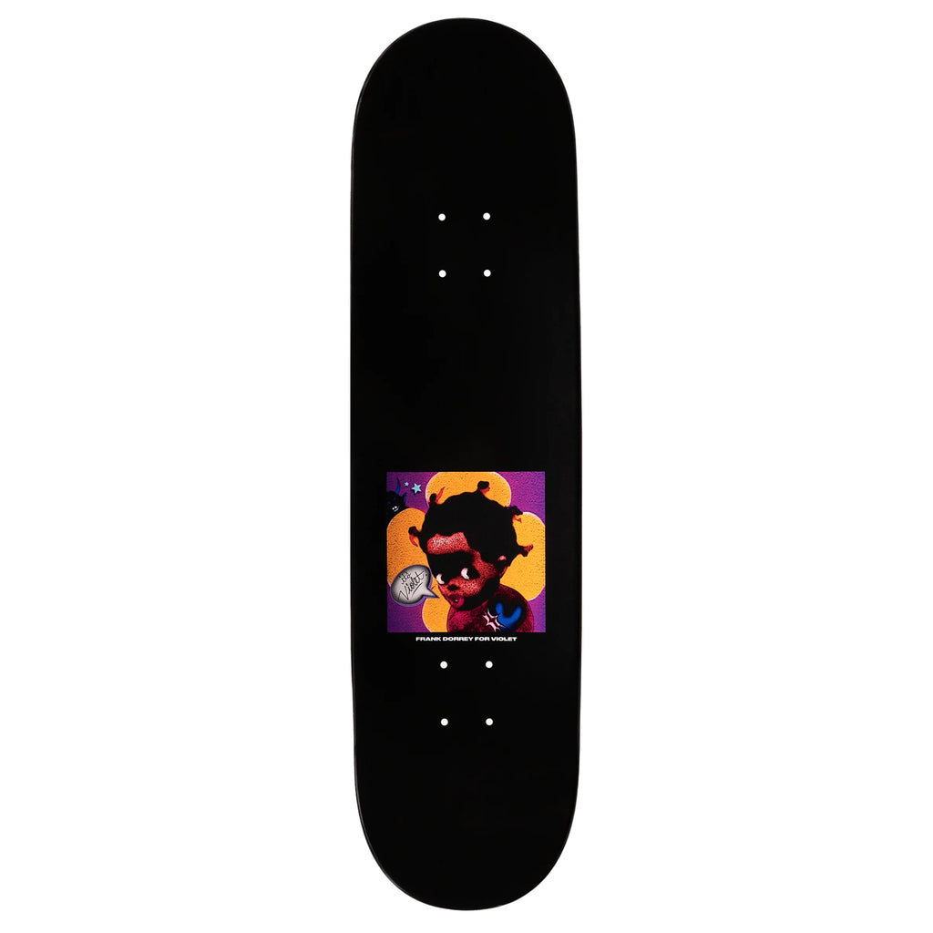 A VIOLET FRANK DORREY "NEVER" skateboard with a Deluxe sticker on it.