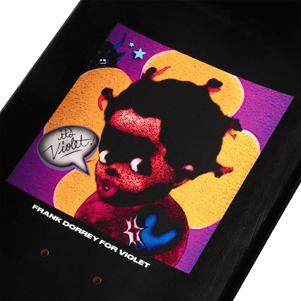 A black skateboard, DELUXE VIOLET FRANK DORREY "NEVER", with an image of a child on it, featuring a glossy finish.