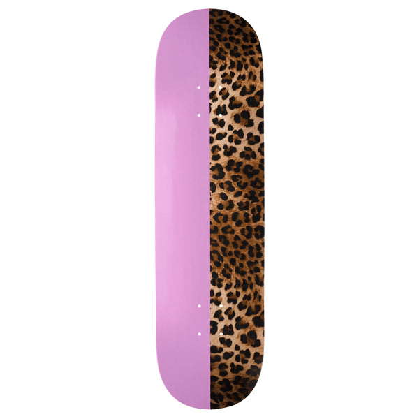 A skateboard deck with a pink top and a leopard print design on the bottom, accented with a VIOLET LEOPARD sticker.