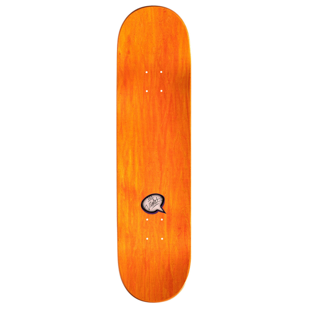 A VIOLET skateboard with an orange logo on it featuring the keyword "Red.