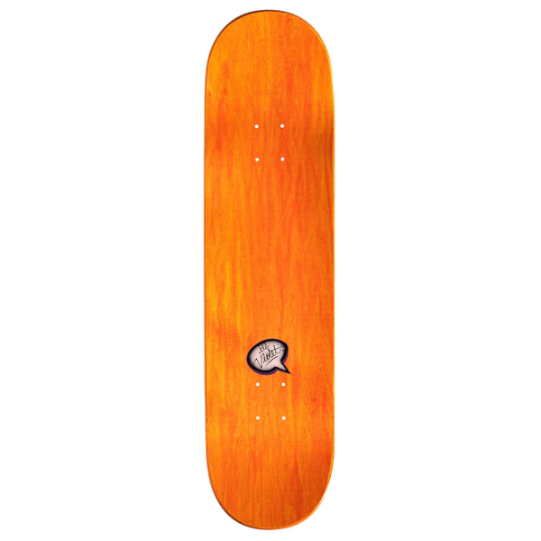 A VIOLET skateboard with an orange logo on it featuring the keyword "Red.