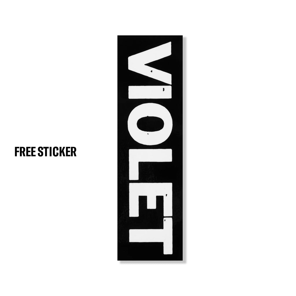 Black sticker with the word "violet" written in large, bold, white letters vertically. Text "FREE STICKER" is displayed to the left. Perfect for your skateboard or journal to add a touch of VIOLET PEACE PSALM 91 NATURAL.