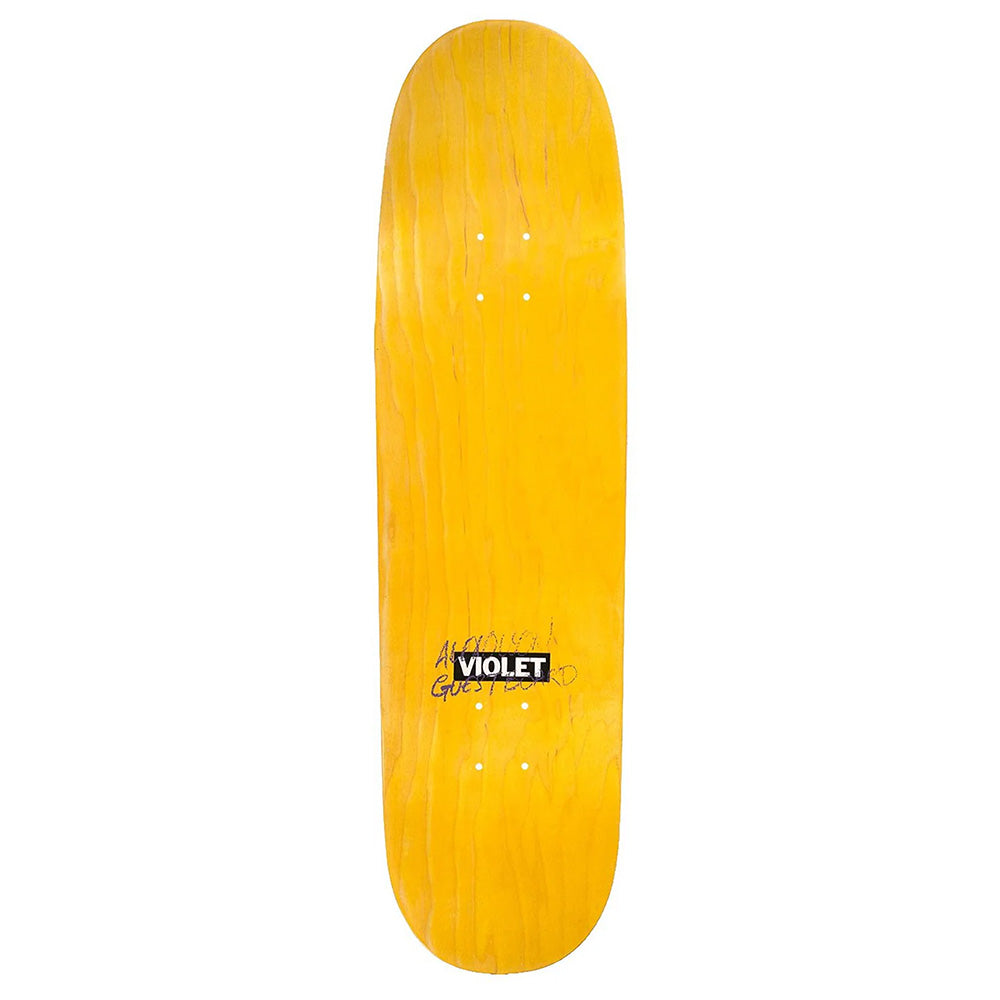 The violet VIOLET X ALEX OLSON SILVER METAL skateboard deck is plain yellow with the VIOLET X logo, a small Alex Olson signature, and subtle silver metal detail near the center.