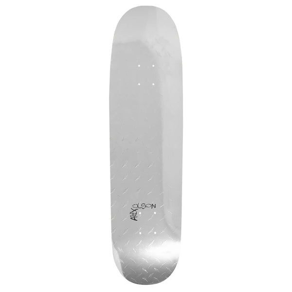 The VIOLET X ALEX OLSON SILVER METAL skateboard deck by violet features silver metal with a diamond plate pattern and a small black VIOLET X logo near one end, shown on a white background.