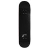 The VIOLET X ALEX OLSON SIVER METAL by violet is a black skateboard deck with a small white logo and text near one end, viewed from above on a white background; features an 8.25-inch wheelbase for stability and control.