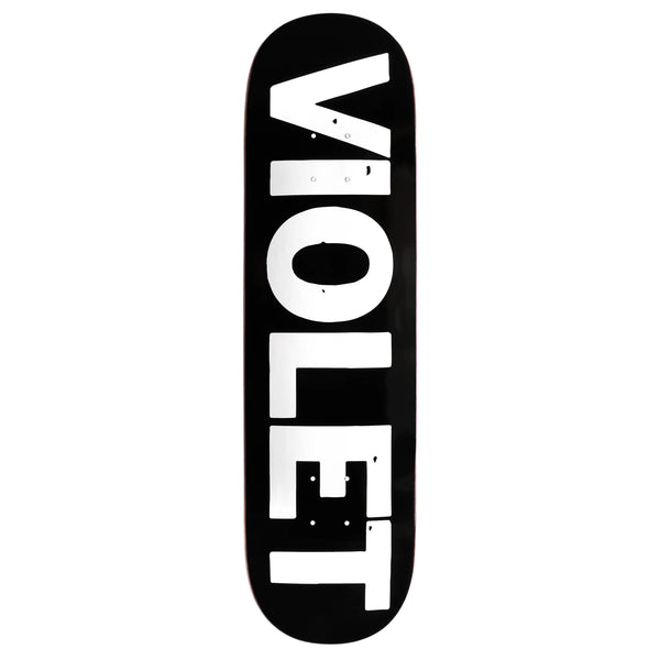 A black skateboard deck with the "VIOLET CREW DECK BLACK / WHITE" logo graphic printed in bold white letters filling the entire surface.
