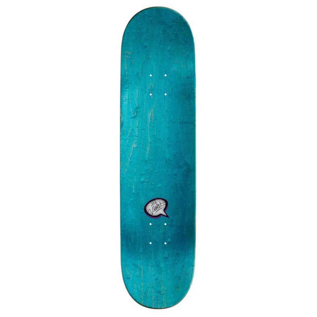 A VIOLET skateboard deck with visible wood grain and a small black and white fish logo in the center.