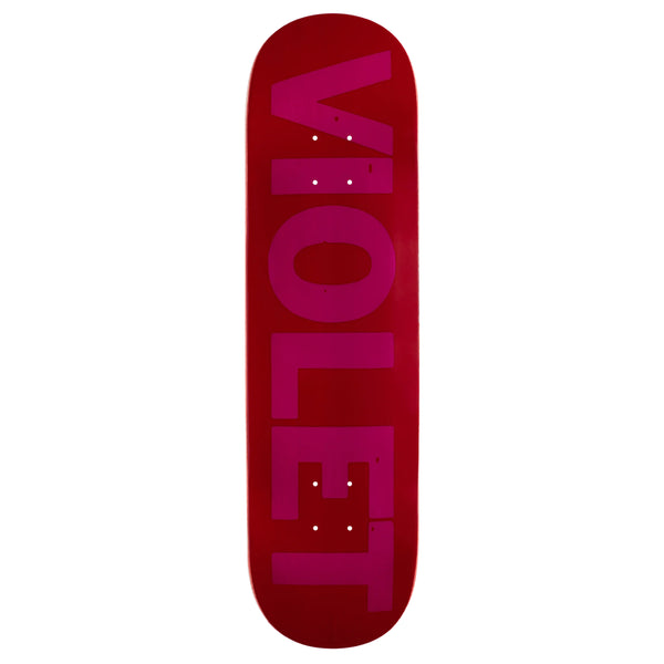 Violet skateboard deck with the word "Violet" written in large, bold letters and a logo graphic.