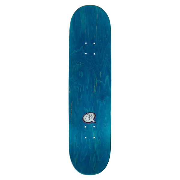 The VIOLET PEACE PSALM 91 BLUE / WHITE skateboard deck by Violet features a wood grain pattern, a small logo in the center, and silver metallic accents along the edges.