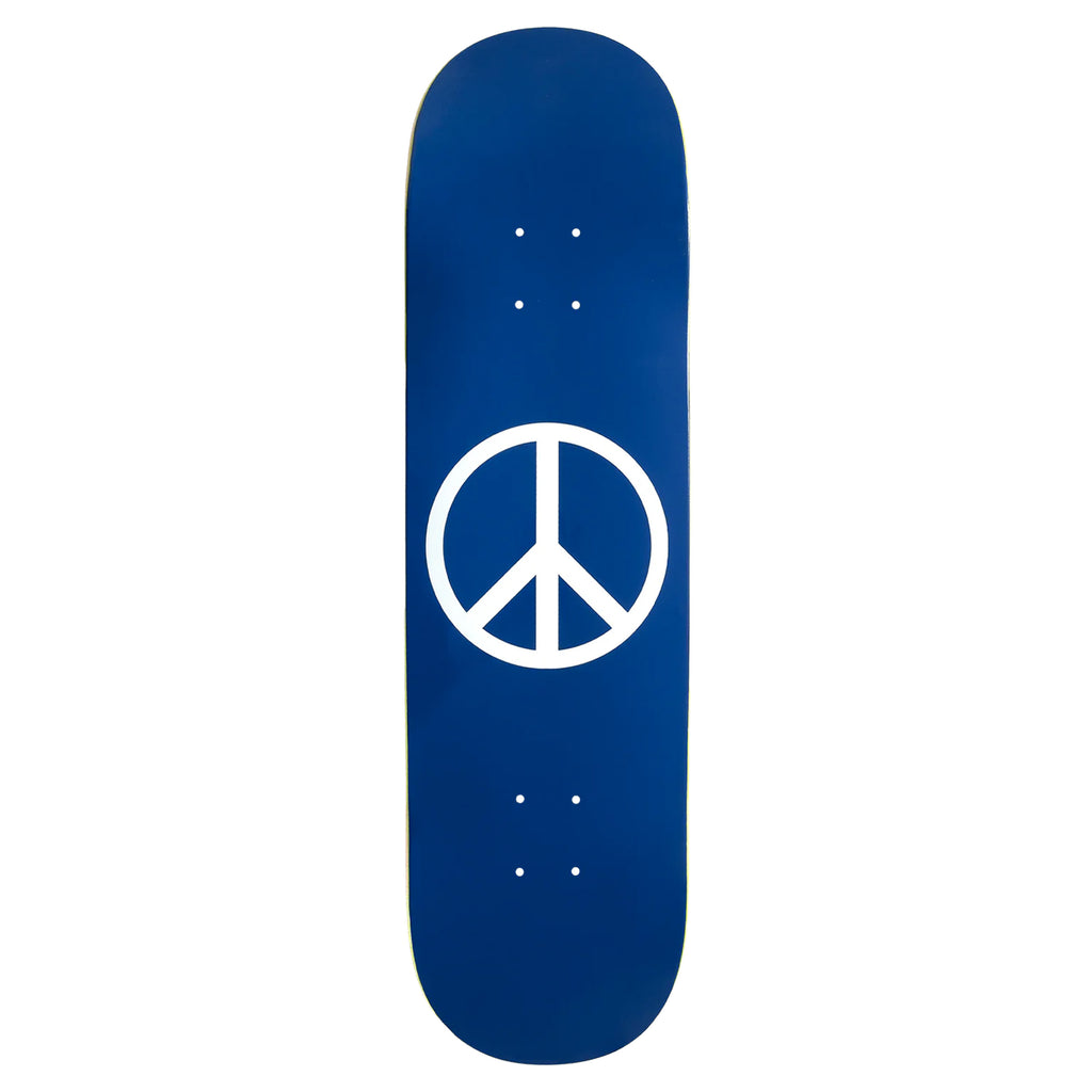 A VIOLET PEACE PSALM 91 BLUE / WHITE skateboard deck by violet, featuring a silver metallic peace symbol in the center.