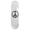 A skateboard deck with a white surface and a black peace sign symbol in the center, capturing the essence of VIOLET PEACE PSALM 91 METALLIC SILVER by violet.