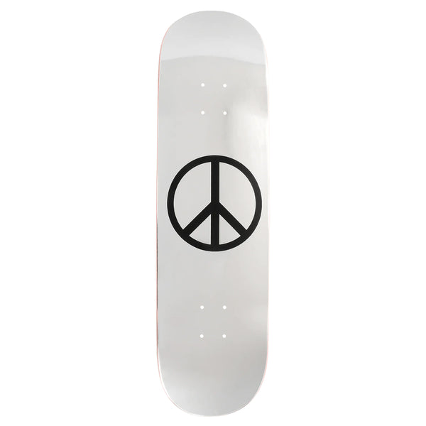 A skateboard deck with a white surface and a black peace sign symbol in the center, capturing the essence of VIOLET PEACE PSALM 91 METALLIC SILVER by violet.