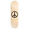 A bare skateboard deck with a natural wood finish and a black peace symbol in the center, accented by a subtle "VIOLET PEACE PSALM 91 NATURAL" insignia from the brand violet.