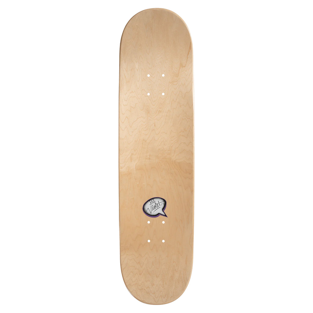 The VIOLET PEACE PSALM 91 NATURAL by violet features a plain wooden skateboard deck with a small logo near the center, showcasing a speech bubble with the word "Wins." Holes are precisely drilled to allow for easy attachment of trucks. This skateboard's serene vibe and subtle elegance truly embody the tranquility suggested by its name, VIOLET PEACE.