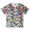 The violet VIOLET PINS TEE is a short-sleeved, 100% cotton T-shirt with a vibrant graphic of colorful buttons and badges featuring unique slogans, faces, and designs.