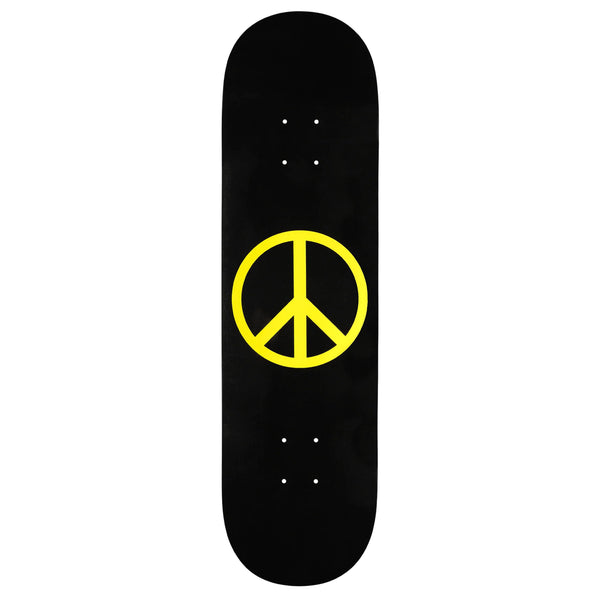 Violet black graphic skateboard deck with a yellow peace symbol centered on it.