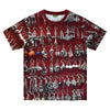 The violet VIOLET ST.MARK'S EARINGS TEE is a red 100% cotton graphic t-shirt with an all-over print of silver and black earrings—skulls, crosses, and assorted designs—for a bold statement.