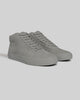 The CHAPTER MID | STONE FG NUBUCK by WARSAW LTD are gray high-top sneakers crafted from full-grain nubuck—ideal for fans of skate-inspired footwear. Shown on a plain light background.