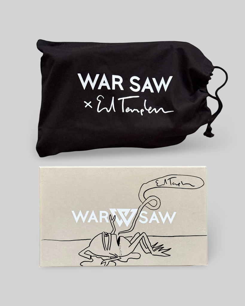 A black drawstring bag and a beige box, both marked "WARSAW LTD," showcase abstract line art and a signature on the box, highlighting this Limited Edition STRANGER SLIP-ON | TEMPLETON COLLAGE inspired by Ed's paintings.