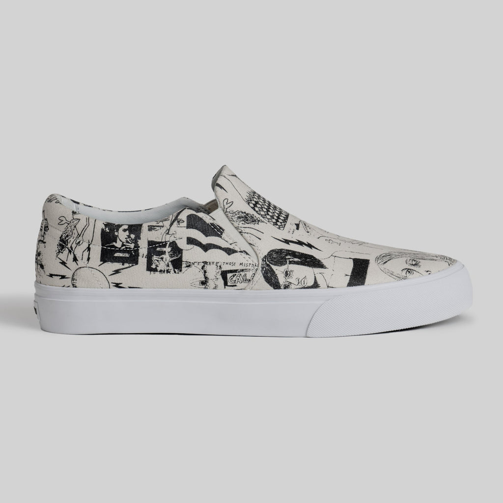 The STRANGER SLIP-ON | TEMPLETON COLLAGE by WARSAW LTD is a white slip-on sneaker with a thick sole and black sketch-style graphics, featuring Templeton's signature artwork for a unique Limited Edition STRANGER vibe.