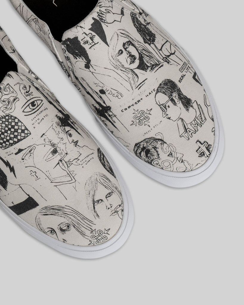 The WARSAW LTD STRANGER SLIP-ON | TEMPLETON COLLAGE is a Limited Edition pair of canvas slip-ons featuring black-and-white face sketches and abstract designs with Templeton’s signature artwork.