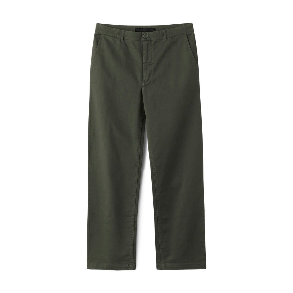 Dark green chinos in a straight-leg cotton twill design with a relaxed fit, featuring side pockets and a button and zip closure, known as the WAR SAW CAPITAL CHINOS ARMY GREEN by WAR SAW.