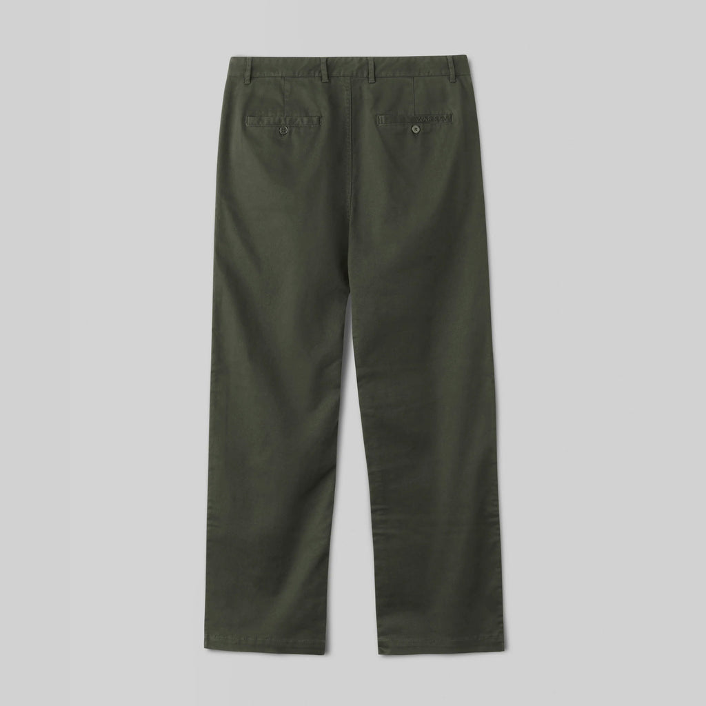 The back view of the WAR SAW CAPITAL CHINOS in army green showcases a relaxed fit and includes two buttoned back pockets, all presented against a gray background.