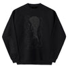 The WAR SAW X TEMPLETON PROFILE CREWNECK BLACK is a unisex black crewneck sweatshirt showcasing a line art illustration of a woman's side profile with abstract shapes, inspired by the edgy aesthetic of Ed Templeton. The word "WARSAW" embellishes the sleeve, adding both style and versatility.