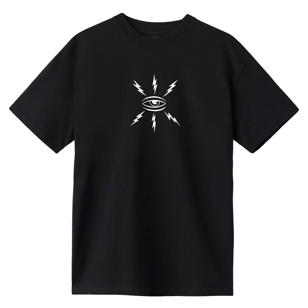 The WAR SAW X TEMPLETON COGNITIONS TEE BLACK by DICKIES boasts a bold black design, featuring a white eye surrounded by radiating lightning bolts on the front, and is equipped with Temp-iQ® Cooling technology for improved comfort.