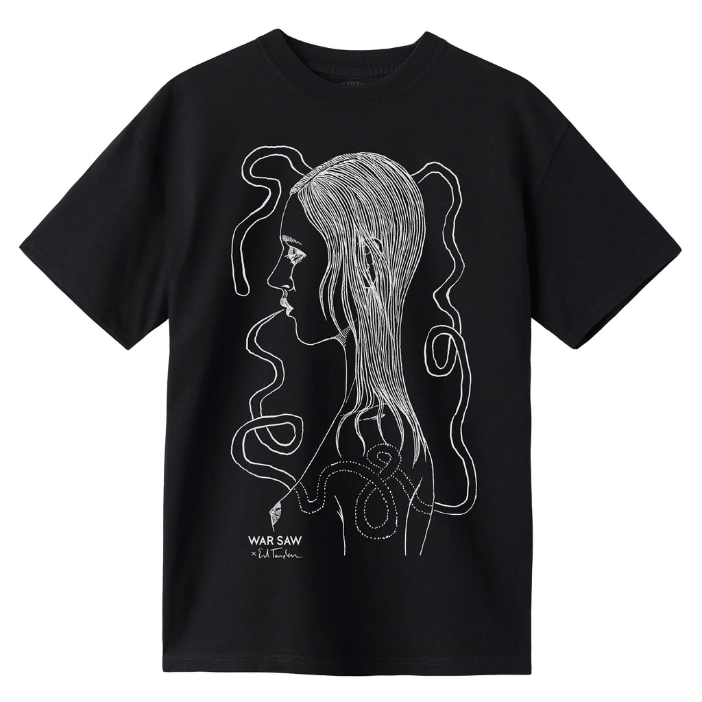 Check out the WAR SAW X TEMPLETON PROFILE TEE BLACK by DICKIES: a midweight, garment-dyed black T-shirt showcasing Ed Templeton's white line drawing of a woman's profile with abstract shapes. This distinctive piece is finished with the text "WAR SAW" in an elegant design.